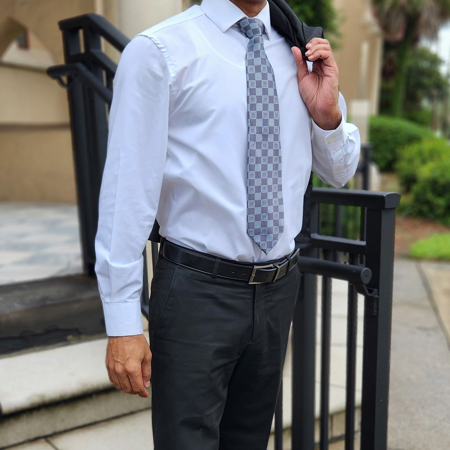 Grey Masonic Tie – Architectural Block Pattern with Masonic Working Tools