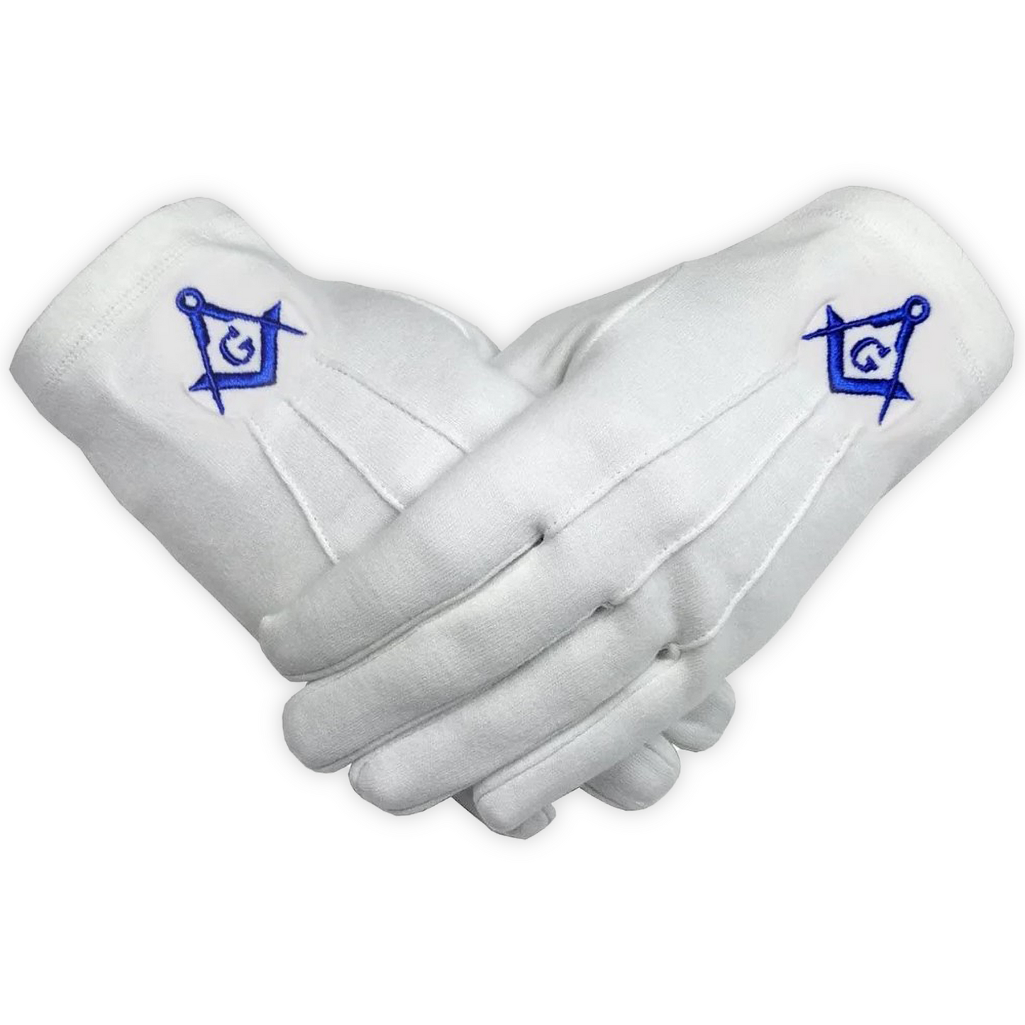 Master Mason Premium White Cotton Gloves - Royal Blue Machine-Embroidered Square & Compass with 'G'