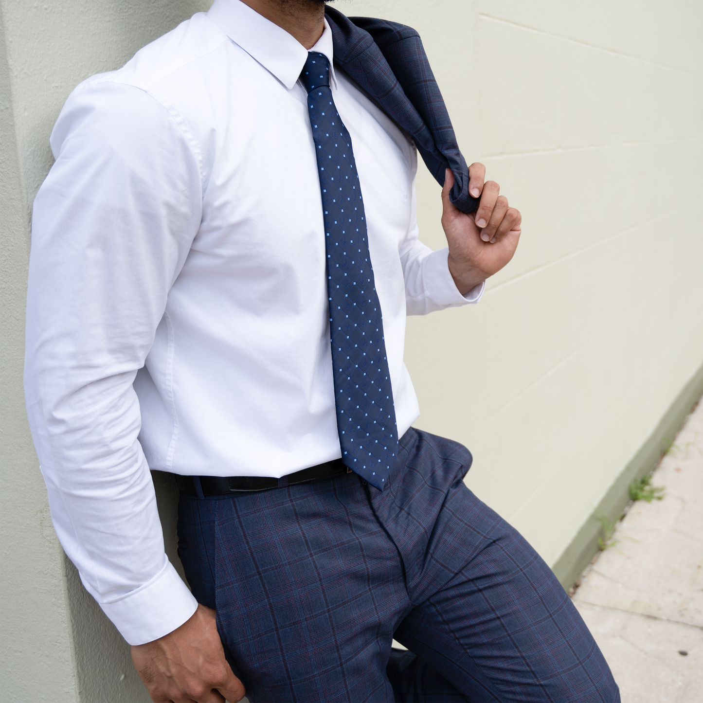 Navy Blue Masonic Tie – Diamond-Check Pattern with Sky Blue Accent – Square & Compass Design