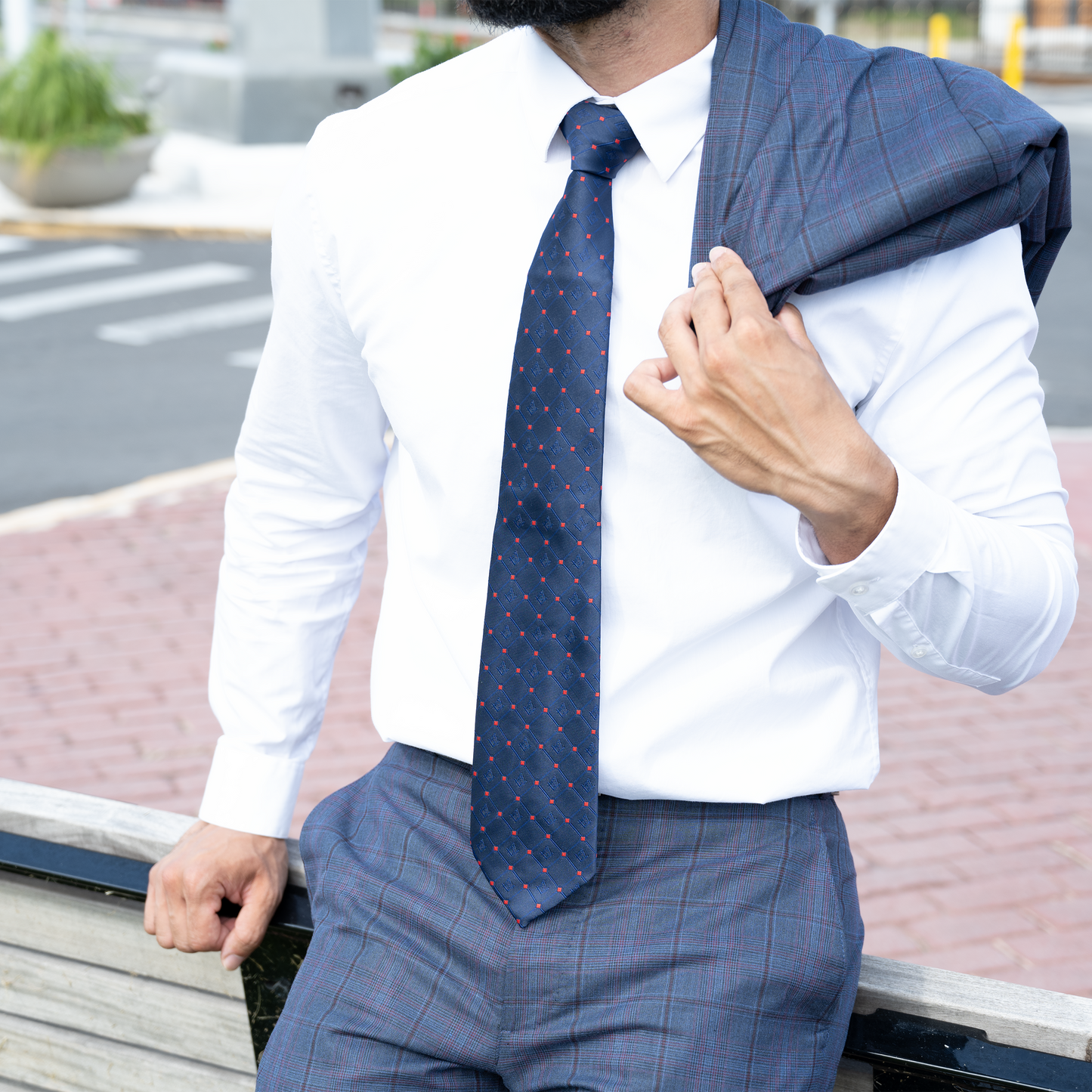 Navy Blue Masonic Tie – Diamond-Check Pattern with Red Accents – Square & Compass Design