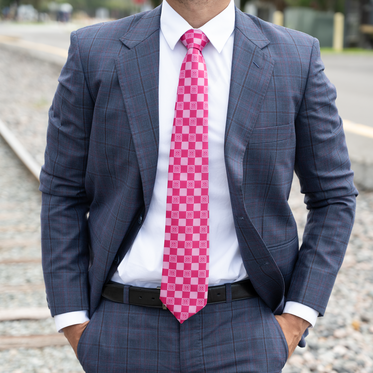 Pink Masonic Tie – Geometric Square Pattern with Square & Compass Design