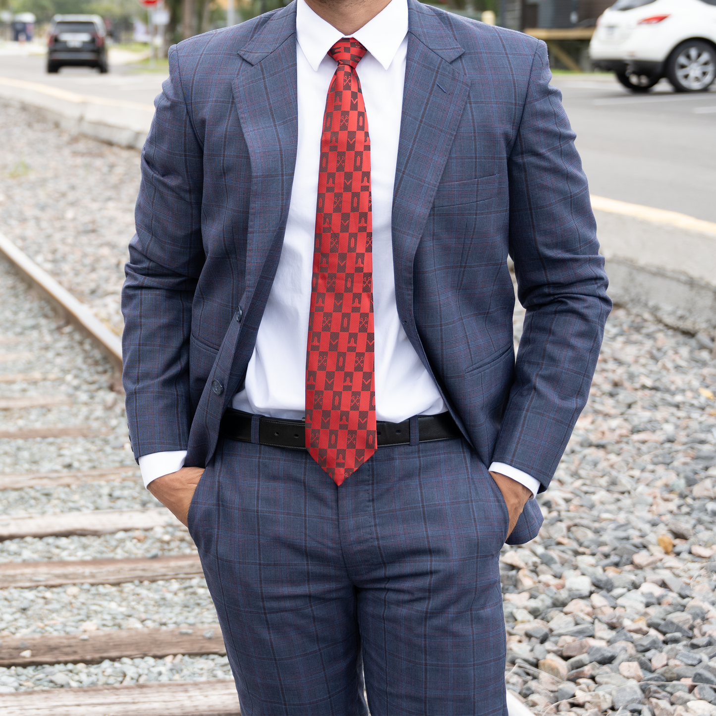 Red Masonic Tie – Architectural Block Pattern with Masonic Working Tools Design