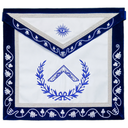 Blue Lodge Worshipful Master Mason Apron – Masonic Officer Regalia with Machine Embroidered Wreath & Square – White Embroidered Detailing on Deep Blue Velvet