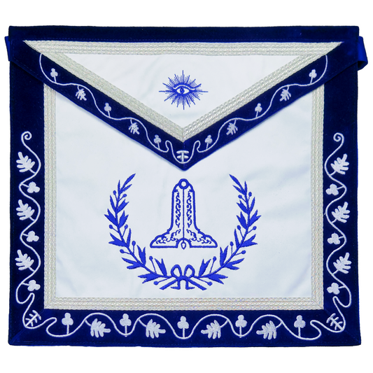 Blue Lodge Senior Warden Apron – Masonic Officer Regalia with Machine Embroidered Wreath & Square – White Embroidered Detailing on Deep Blue Velvet