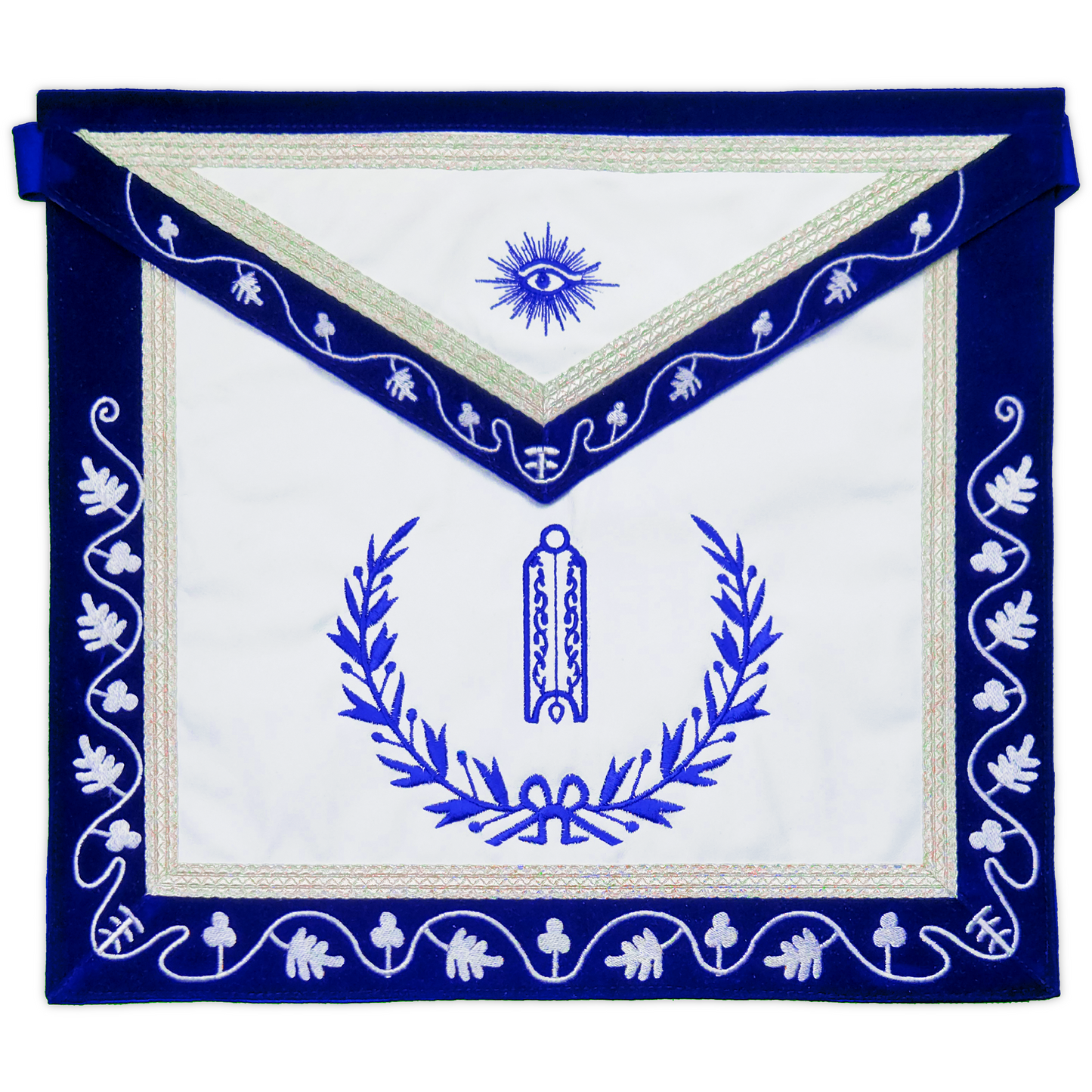 Blue Lodge Junior Warden Apron – Masonic Officer Regalia with Machine Embroidered Wreath & Square – White Embroidered Detailing on Deep Blue Velvet