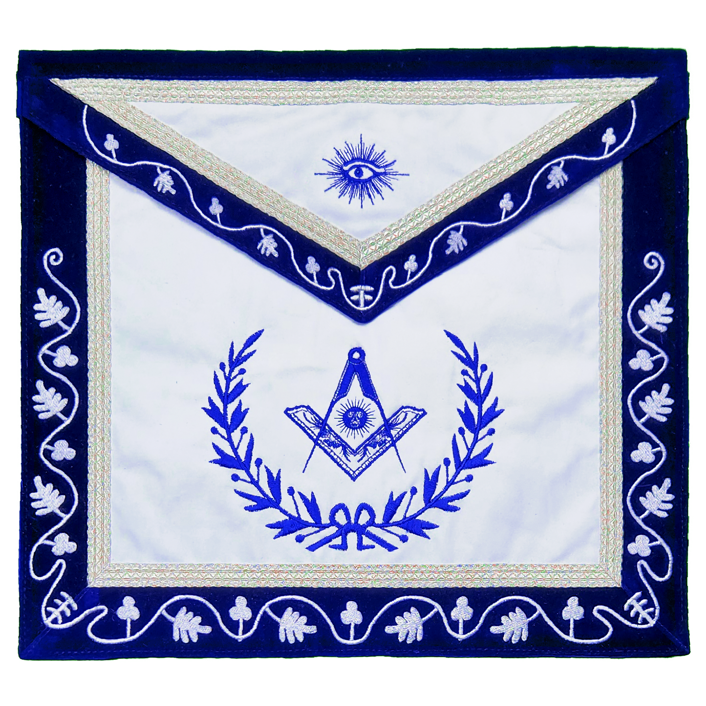 Blue Lodge Senior Deacon Apron – Masonic Officer Regalia with Machine Embroidered Wreath & Square – White Embroidered Detailing on Deep Blue Velvet