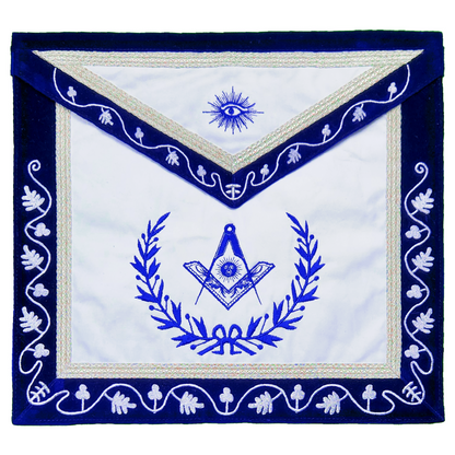 Blue Lodge Senior Deacon Apron – Masonic Officer Regalia with Machine Embroidered Wreath & Square – White Embroidered Detailing on Deep Blue Velvet