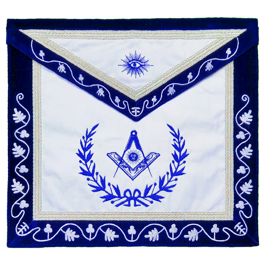 Blue Lodge Senior Deacon Apron – Masonic Officer Regalia with Machine Embroidered Wreath & Square – White Embroidered Detailing on Deep Blue Velvet