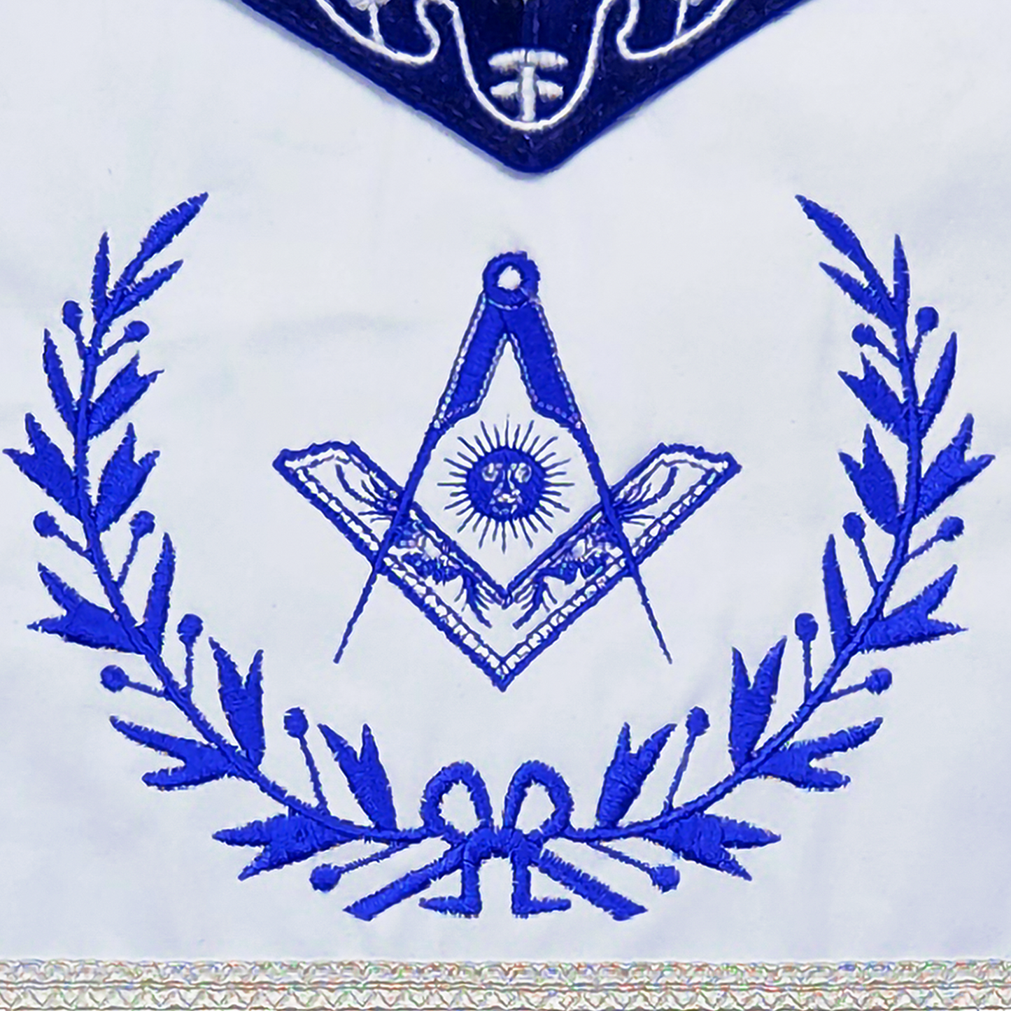 Blue Lodge Senior Deacon Apron – Masonic Officer Regalia with Machine Embroidered Wreath & Square – White Embroidered Detailing on Deep Blue Velvet