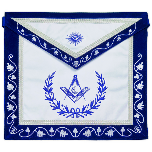 Blue Lodge Junior Deacon Apron – Masonic Officer Regalia with Machine Embroidered Wreath & Square – White Embroidered Detailing on Deep Blue Velvet