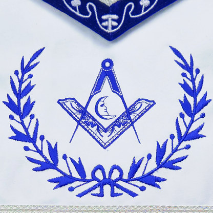 Blue Lodge Junior Deacon Apron – Masonic Officer Regalia with Machine Embroidered Wreath & Square – White Embroidered Detailing on Deep Blue Velvet