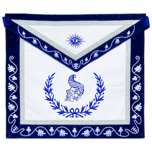 Blue Lodge Senior Steward Apron – Masonic Officer Regalia with Machine Embroidered Wreath & Square – White Embroidered Detailing on Deep Blue Velvet