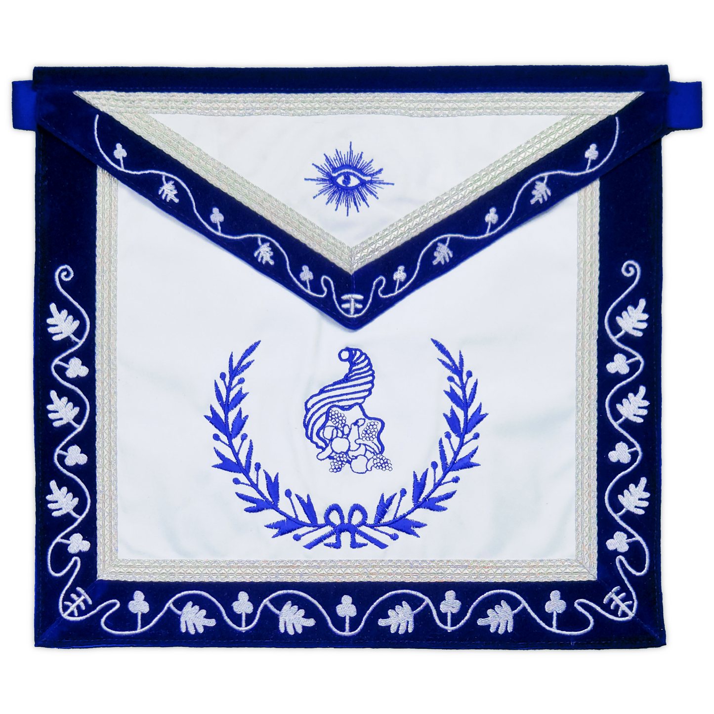 Blue Lodge Junior Steward Apron – Masonic Officer Regalia with Machine Embroidered Wreath & Square – White Embroidered Detailing on Deep Blue Velvet