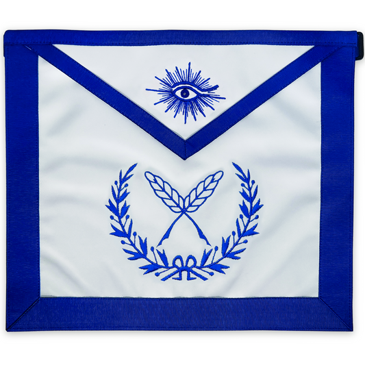 Blue Lodge Secretary Apron – Masonic Officer Regalia with Machine Embroidered Wreath & Quill Pens – Royal Blue Ribbon Detailing