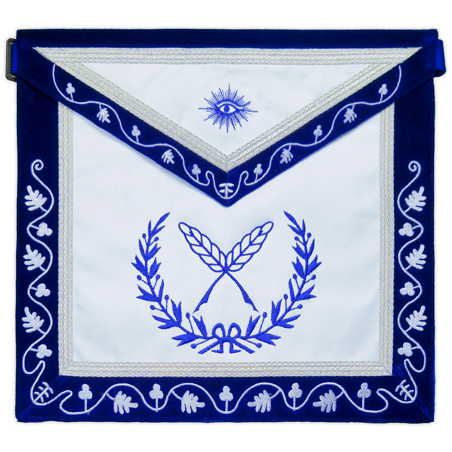 Blue Lodge Secretary Apron – Masonic Officer Regalia with Machine Embroidered Wreath & Square – White Embroidered Detailing on Deep Blue Velvet