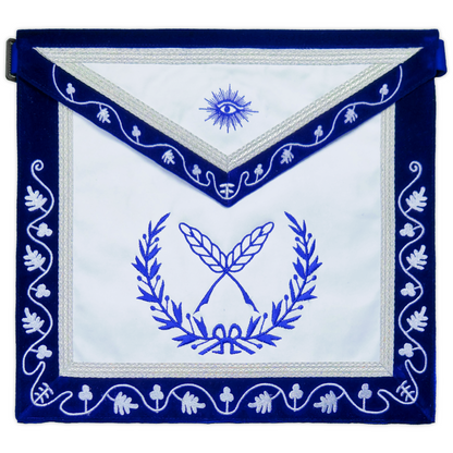 Blue Lodge Secretary Apron – Masonic Officer Regalia with Machine Embroidered Wreath & Square – White Embroidered Detailing on Deep Blue Velvet