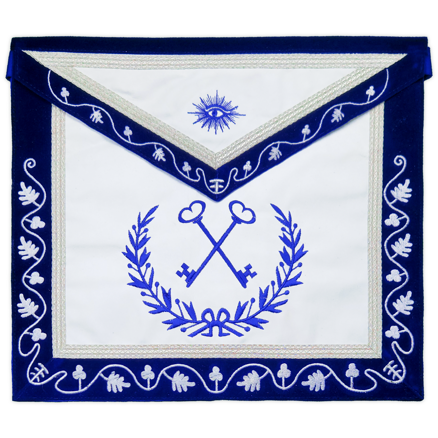 Blue Lodge Treasurer Apron – Masonic Officer Regalia with Machine Embroidered Wreath & Square – White Embroidered Detailing on Deep Blue Velvet