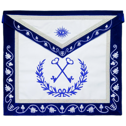 Blue Lodge Treasurer Apron – Masonic Officer Regalia with Machine Embroidered Wreath & Square – White Embroidered Detailing on Deep Blue Velvet