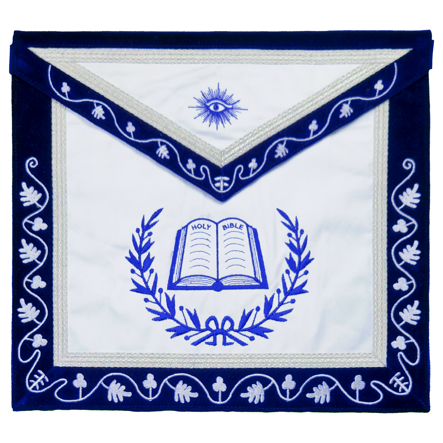 Blue Lodge Chaplain Apron – Masonic Officer Regalia with Machine Embroidered Wreath & Square – White Embroidered Detailing on Deep Blue Velvet