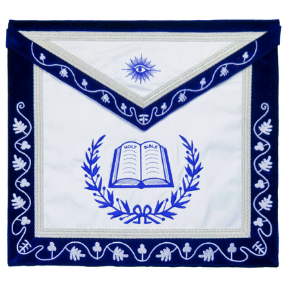 Blue Lodge Chaplain Apron – Masonic Officer Regalia with Machine Embroidered Wreath & Square – White Embroidered Detailing on Deep Blue Velvet