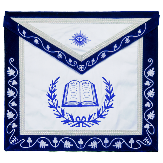 Blue Lodge Chaplain Apron – Masonic Officer Regalia with Machine Embroidered Wreath & Square – White Embroidered Detailing on Deep Blue Velvet