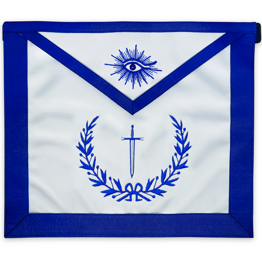 Blue Lodge Tyler Apron – Masonic Officer Regalia with Machine Embroidered Wreath & Sword – Royal Blue Ribbon Detailing