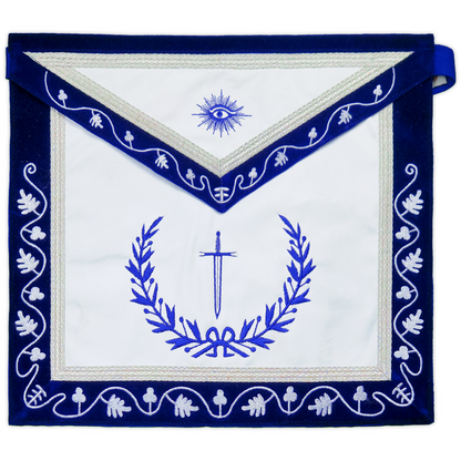 Blue Lodge Tyler Apron – Masonic Officer Regalia with Machine Embroidered Wreath & Square – White Embroidered Detailing on Deep Blue Velvet