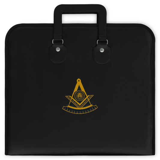 Past Master Apron Case – Black Faux Leather, Machine-Embroidered Masonic Symbolism, Elegant Protection & Functional Design