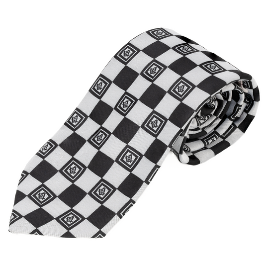 Black & White Masonic Tie – Geometric Square Pattern with Square & Compass Design