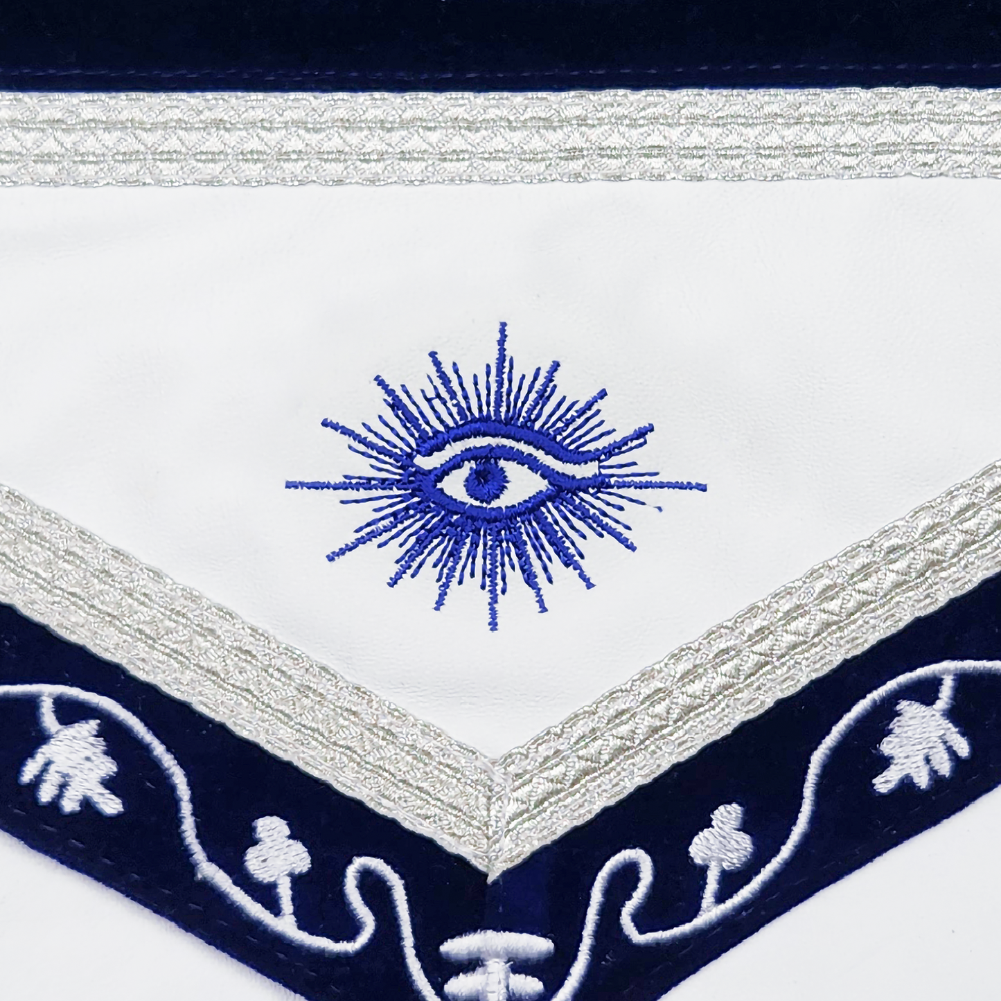 Blue Lodge Senior Deacon Apron – Masonic Officer Regalia with Machine Embroidered Wreath & Square – White Embroidered Detailing on Deep Blue Velvet