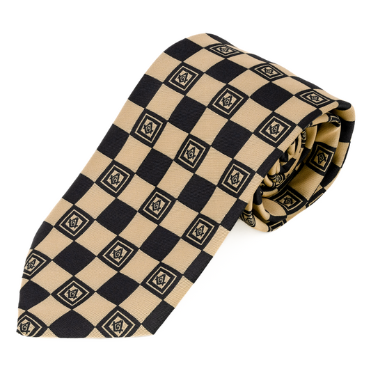 Black & Gold Masonic Tie – Geometric Square Pattern with Square & Compass Design