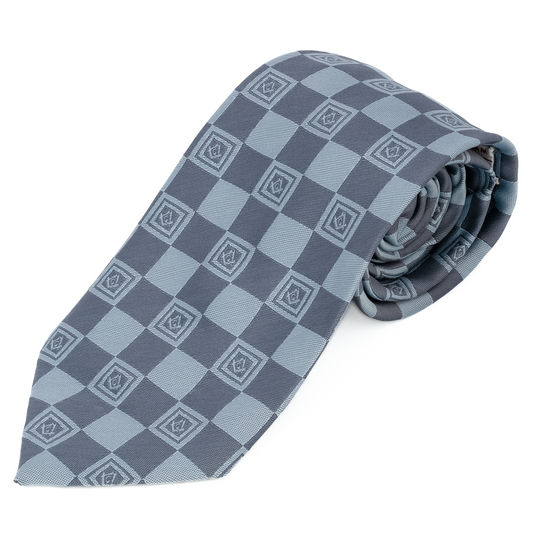 Grey Masonic Tie – Architectural Block Pattern with Masonic Working Tools