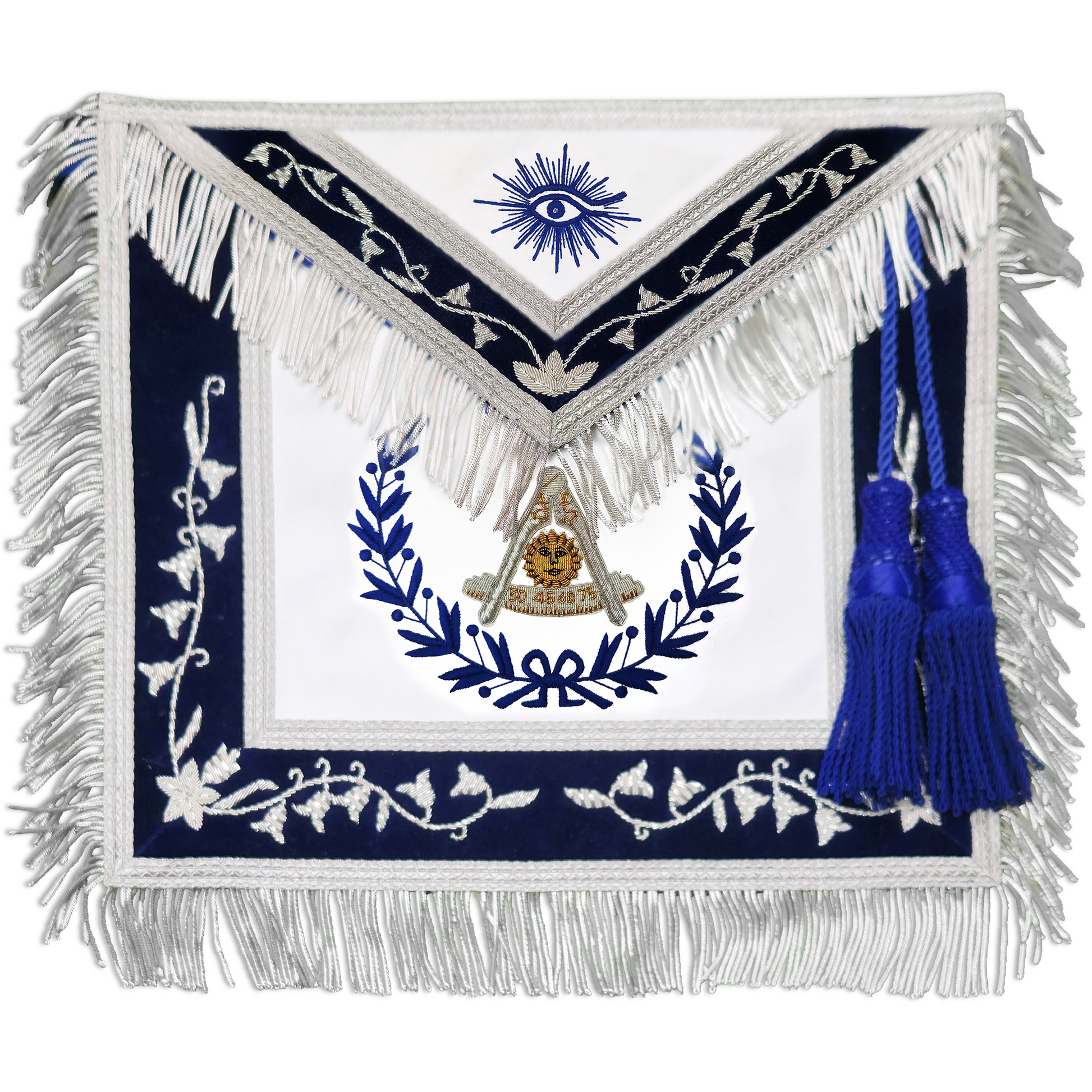 Masonic Past Master apron featuring intricate silver bullion vines and gold bullion detailing on the scroll and compass