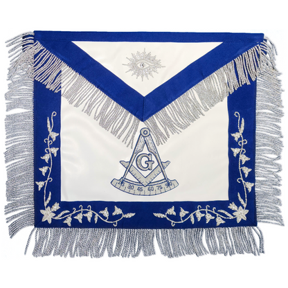 Hand-embroidered Past Master Blue Lodge Apron featuring silver bullion vines and intricate Masonic detailing