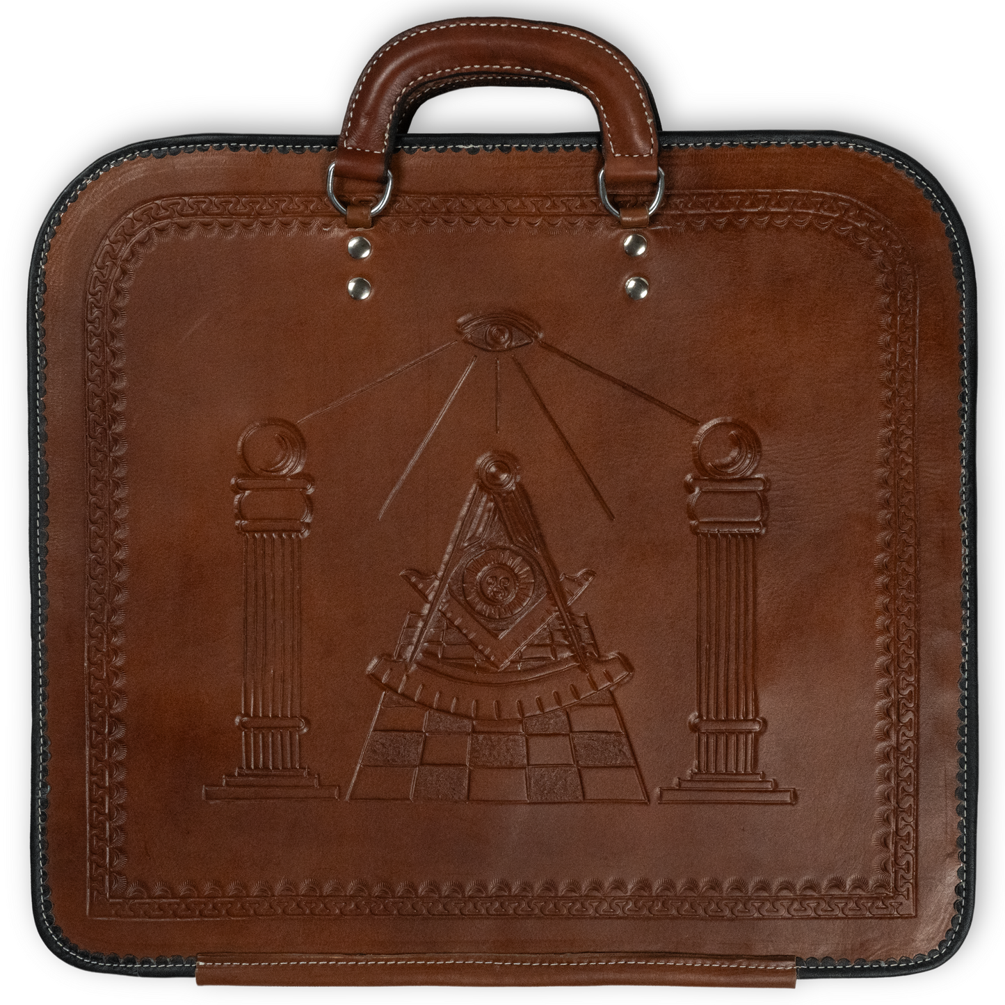 Mosaic Expression Hand-Carved Brown Leather Apron Case – Exquisite Masonic Craftsmanship, Symbolic Engraving & Premium Materials