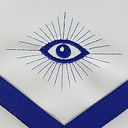 Past Master Masonic Apron – Machine Embroidered Past Master Symbol – Royal Blue Ribbon & Elegant Detailing