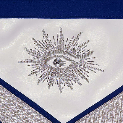 Past Master Masonic Apron – Hand-Embroidered Silver Bullion Design with Deep Blue Velvet & Ornate Silver Lace & Fringe