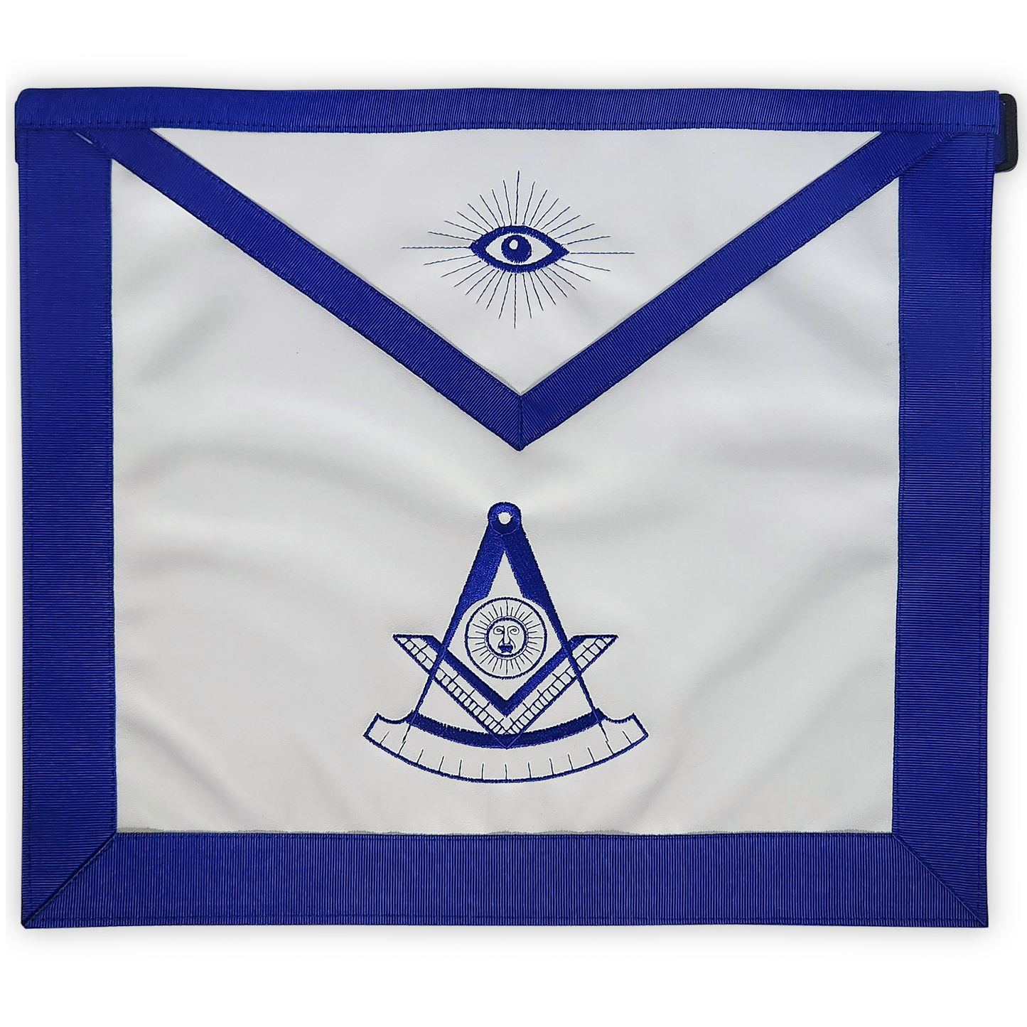 Past Master Masonic Apron – Machine Embroidered Past Master Symbol – Royal Blue Ribbon & Elegant Detailing