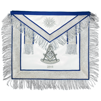 Past Master Masonic Apron – Hand-Embroidered Silver Bullion Design with Deep Blue Velvet & Ornate Silver Lace & Fringe