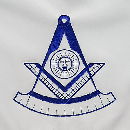 Past Master Masonic Apron – Machine Embroidered Past Master Symbol – Royal Blue Ribbon & Elegant Detailing