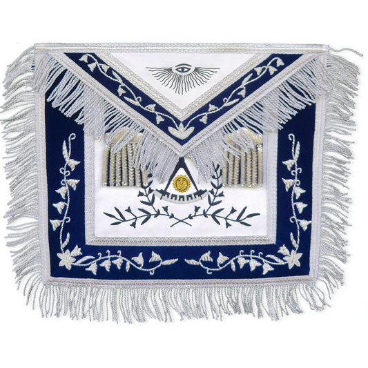 Past Master Masonic Apron – Hand-Embroidered Silver Bullion & Black Thread Design – Blue Velvet with Silver Fringe Detailing