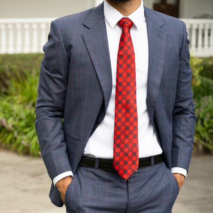 Red Masonic Tie – Geometric Square Pattern with Square & Compass Design