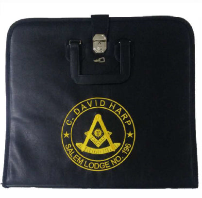 Past Master Apron Case - Machine Embroidery on Black Faux Leather